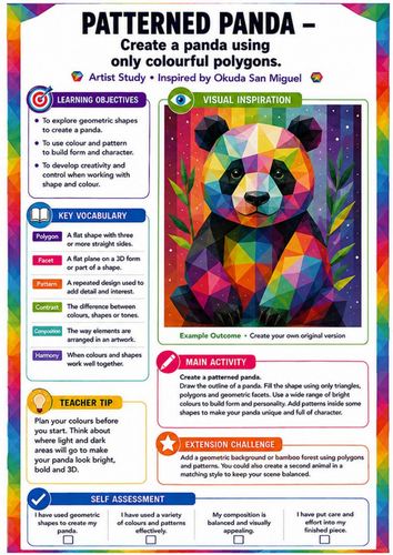 Okuda San Miguel Patterned Panda Worksheet | Colourful Geometric Art KS3