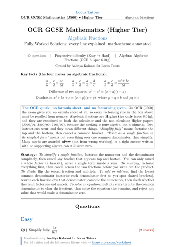 Algebraic Fractions | OCR GCSE Maths Higher | 40 Worked Examples (J560)