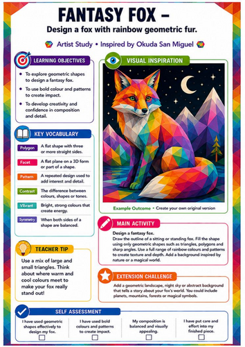 Okuda San Miguel Fantasy Fox Worksheet | Rainbow Geometric Animal KS3 Art