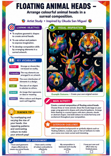 Okuda San Miguel Floating Animal Heads Worksheet | Surreal Geometric Art KS3
