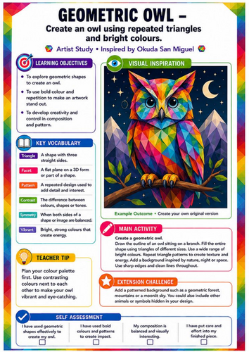 Okuda San Miguel Geometric Owl Worksheet | Colour, Pattern & Symmetry KS3 Art