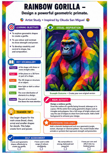 Okuda San Miguel Rainbow Gorilla Worksheet | Geometric Animal KS3 Art