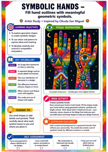 Okuda San Miguel Symbolic Hands Worksheet | Pattern, Colour & Meaning KS3 Art