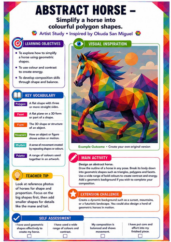 Okuda San Miguel Abstract Horse Worksheet | Colourful Geometric Animal KS3