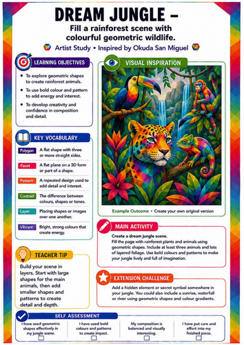 Okuda San Miguel Dream Jungle Worksheet | Colourful Geometric Wildlife KS3 Art
