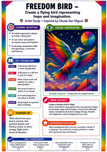 Okuda San Miguel Freedom Bird Worksheet | Colour, Symbolism & Movement KS3