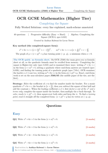 Completing the Square | OCR GCSE Maths Higher | 40 Worked Examples (J560)