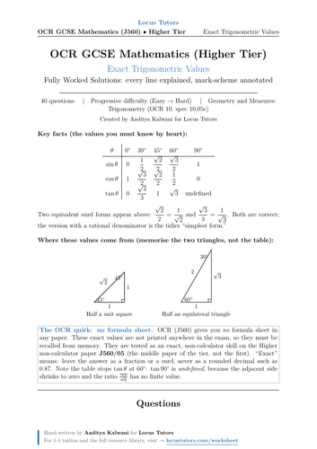 Exact Trigonometric Values | OCR GCSE Maths Higher | 40 Worked Examples (J560)