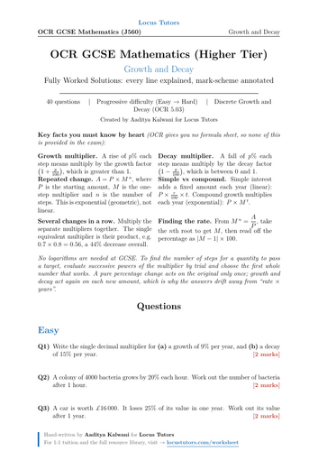 Growth & Decay | OCR GCSE Higher Maths | 40 Worked Examples (J560)