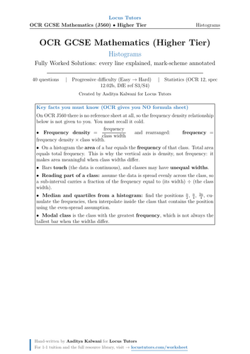 Histograms | OCR GCSE Higher Maths | 40 Worked Examples (J560)