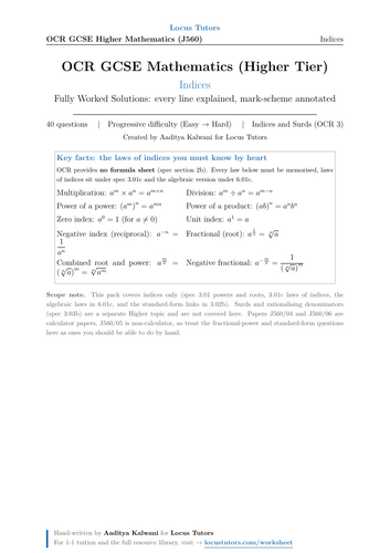 Indices | OCR GCSE Higher Maths | 40 Worked Examples (J560)