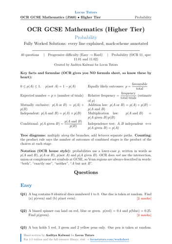 Probability | OCR GCSE Higher Maths | 40 Worked Examples (J560)