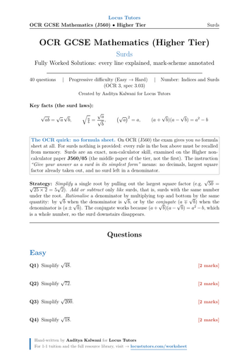 Surds | OCR GCSE Maths Higher | 40 Worked Examples (J560)