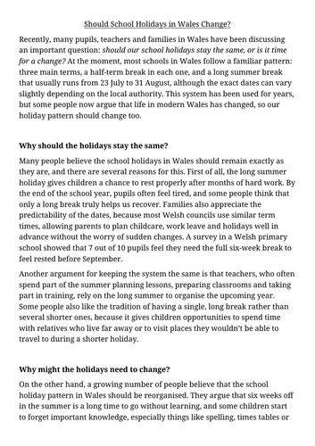 Year 6 Talk4Writing Discussion Text - SCHOOL HOLIDAYS