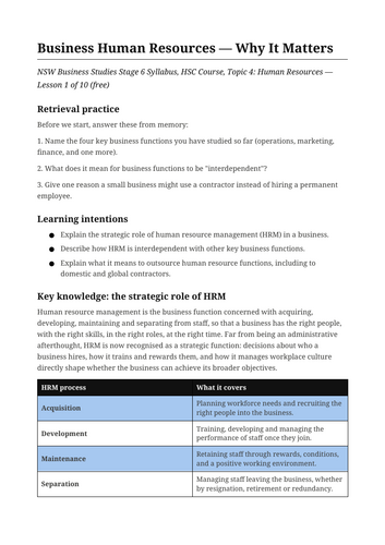 Business Human Resources Why It Matters NSW St6 HSC Free
