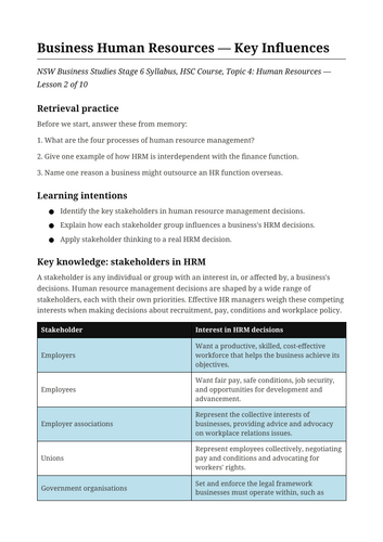 Business Human Resources Key Influences NSW St6 HSC
