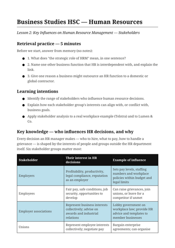 Business Human Resources Key Influences NSW St6 HSC