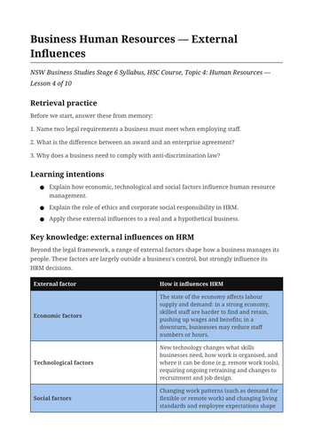 Business Human Resources External Influences NSW St6 HSC