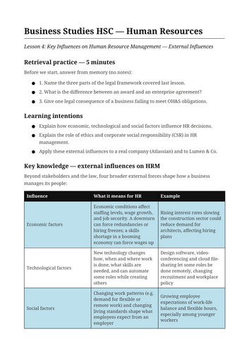 Business Human Resources External Influences NSW St6 HSC