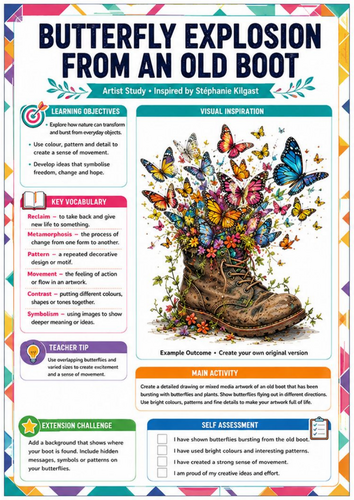 Butterfly Explosion from an Old Boot – Stéphanie Kilgast KS3/KS4 Art Worksheet