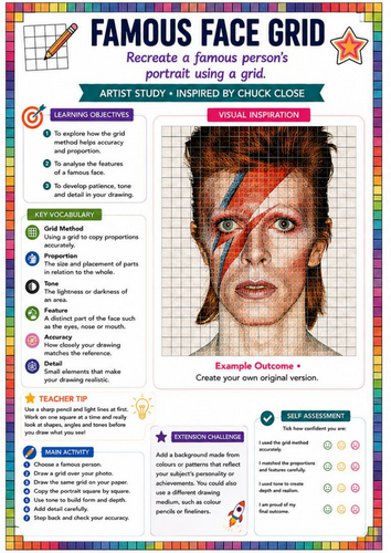 Chuck Close Famous Face Grid Drawing Worksheet | Celebrity Portraiture | KS3 KS4 Art