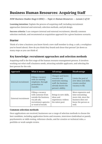 Business Human Resources Acquiring Staff NSW St6 HSC
