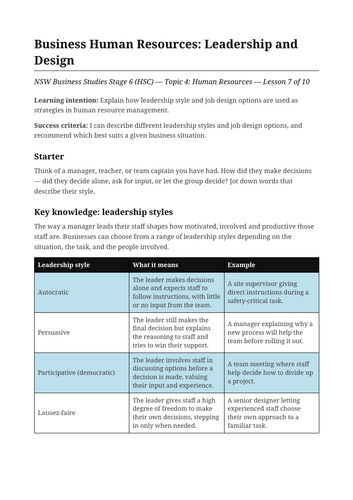 Business Human Resources Leadership and Design NSW St6 HSC