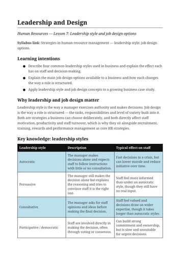 Business Human Resources Leadership and Design NSW St6 HSC