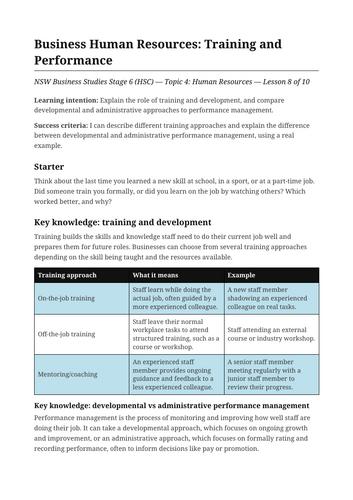 Business Human Resources Training and Performance NSW St6 HSC