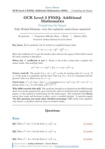 Completing the Square | OCR Level 3 FSMQ Additional Maths (6993) | 40 Worked Examples