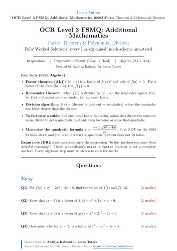 Factor Theorem & Polynomial Division | OCR FSMQ 6993 | 40 Worked Examples