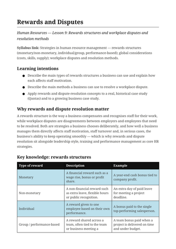 Business Human Resources Rewards and Disputes NSW St6 HSC