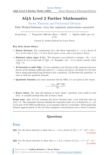 Factor Theorem and Polynomial Division | AQA L2 Further 8365 | 40 Worked Examples