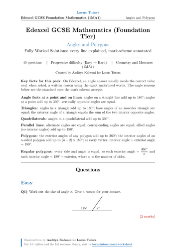 Angles and Polygons | Edexcel GCSE Foundation | 40 Worked Examples