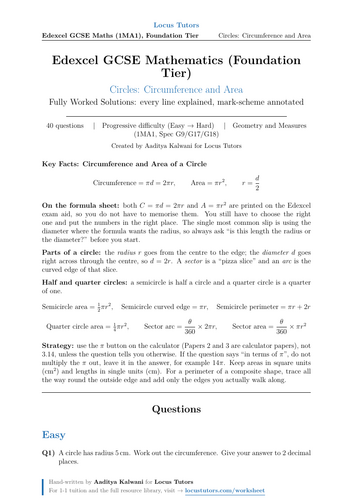 Circles: Circumference and Area | Edexcel GCSE Foundation | 40 Worked Examples
