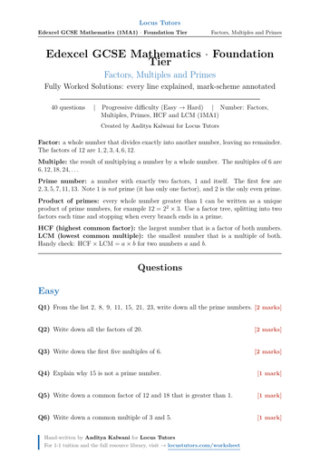 Factors, Multiples and Primes | Edexcel GCSE Foundation | 40 Worked Examples