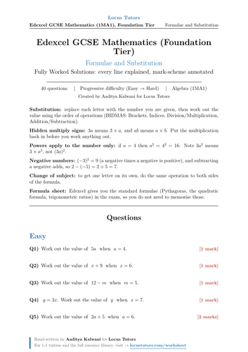 Formulae and Substitution | Edexcel GCSE Foundation | 40 Worked Examples