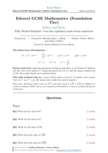 Indices and Roots | Edexcel GCSE Foundation | 40 Worked Examples