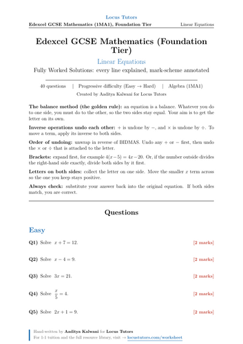 Linear Equations | Edexcel GCSE Foundation | 40 Worked Examples