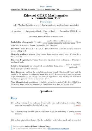 Probability | Edexcel GCSE Foundation | 40 Worked Examples