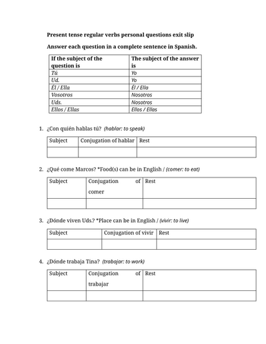 Present tense regular verbs personal questions exit slip