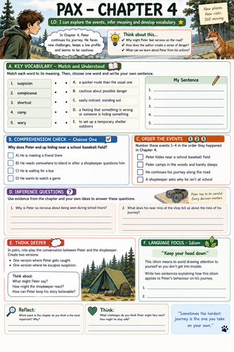 Pax Chapters 4-10 Comprehension & Vocabulary Worksheets | Differentiated Novel Study | SEN Friendly