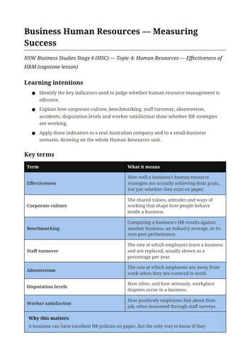 Business Human Resources Measuring Success NSW St6 HSC