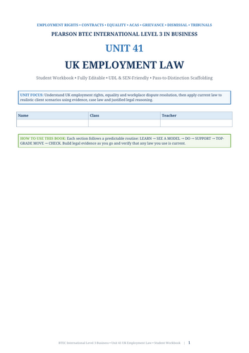 BTEC International Level 3 Business Unit 41 UK Employment Law | 40-Page Editable Student Workbook