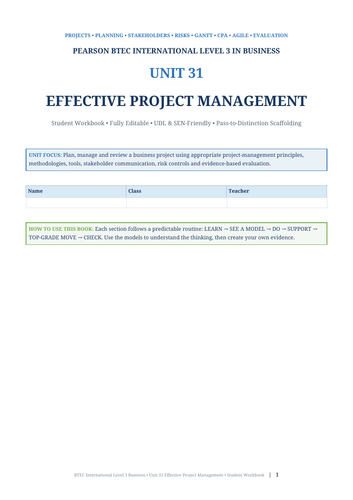 BTEC International Level 3 Business Unit 31 Effective Project Management | 40-Page Workbook