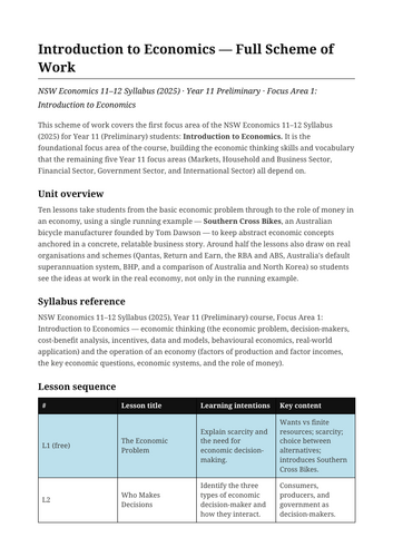Introduction to Economics Full Scheme of Work NSW St6