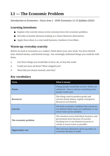 Introduction to Economics The Economic Problem NSW St6 Free