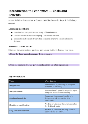 Introduction to Economics Costs and Benefits NSW St6