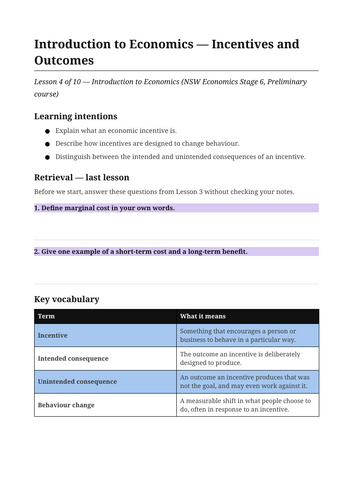 Introduction to Economics Incentives and Outcomes NSW St6