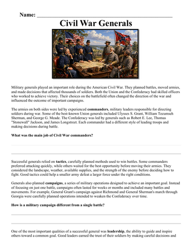 Civil War Generals Worksheet "Chunked"